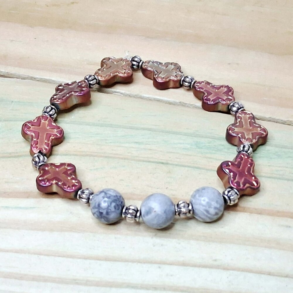 Gemstone Cross Beaded Stretch Bracelet, Plated Hematite & Picasso Jasper